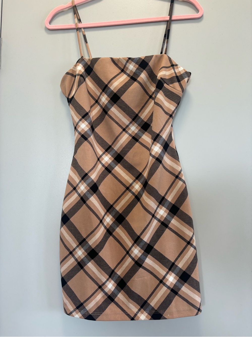 Windsor Taupe Plaid Spaghetti-Strap Mini Dress